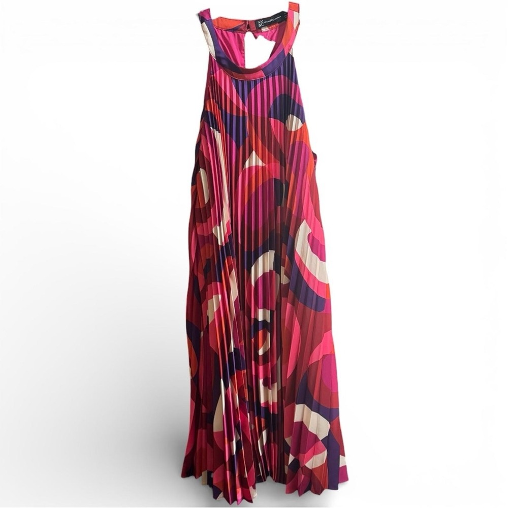 NY & Co Halter Neck Pleated Flowy Dress Knee High Length Pink Red Purple M - Picture 8 of 9